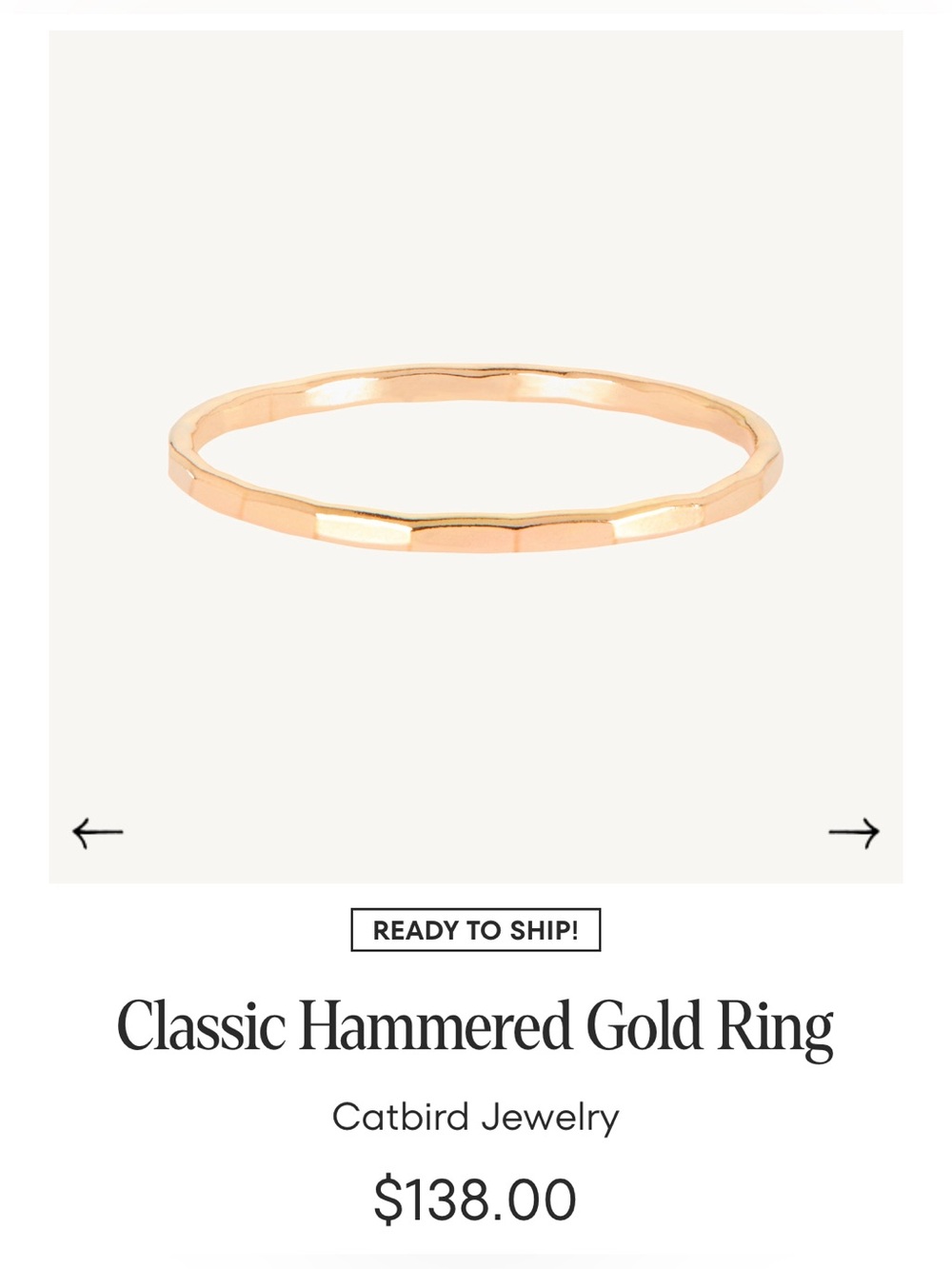 Catbird Classic Hammered Gold 14k Ring Size 10